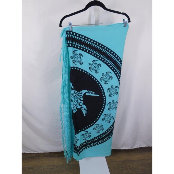 Maya Pareos Sarong Womens One Size Turquoise Black Sea Turtle Beach Rayon Fringe - Picture 4 of 11